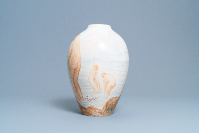 An art deco vase with bathing females, F&eacute;lix-Pascal F&eacute;vola for Lachenal, France, ca. 1930