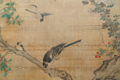 Ecole chinoise, encre et couleurs sur soie, 18/19&egrave;me: 'Des oiseaux et leurs proies'