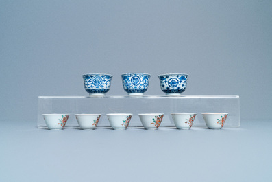 A varied collection of Chinese famille rose and blue and white cups and saucers, Qianlong and 19th C.
