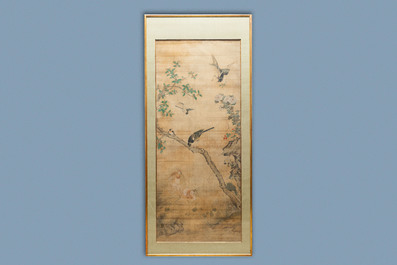 Chinese school, ink and colour on silk, 18/19th C.: 'Birds and their preys'