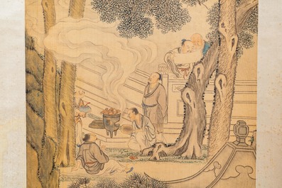 Ecole chinoise, encre et couleurs sur soie, 18/19&egrave;me: 'Des lettr&eacute;s et leurs servants'