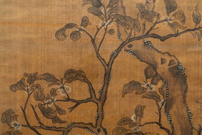 Shen Quan (1682-1762), ink and colour on silk, 18th C.: 'Two  scenes with birds'