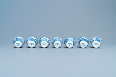 Seven Chinese blue and white cups and saucers, Kangxi