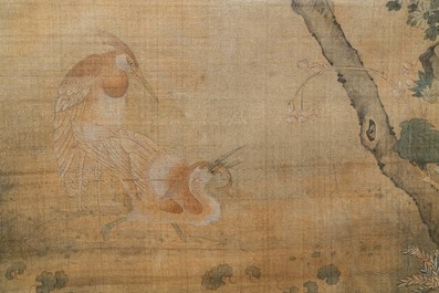 Ecole chinoise, encre et couleurs sur soie, 18/19&egrave;me: 'Des oiseaux et leurs proies'