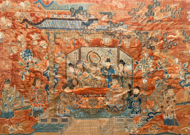 Three Chinese embroidered silk panels depicting an imperial audience, 19th C.