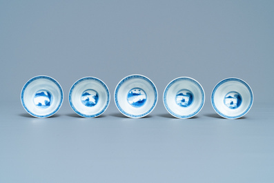 Five Chinese blue and white cups and saucers, Chenghua mark, Kangxi