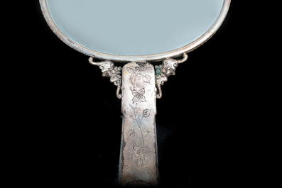A large Chinese jade and silver hand mirror, Qing
