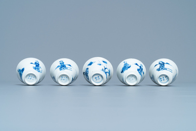 Five Chinese blue and white cups and saucers, Chenghua mark, Kangxi