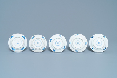 Five Chinese blue and white cups and saucers, Chenghua mark, Kangxi