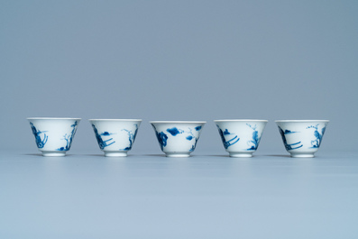 Five Chinese blue and white cups and saucers, Chenghua mark, Kangxi