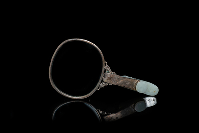 A large Chinese jade and silver hand mirror, Qing