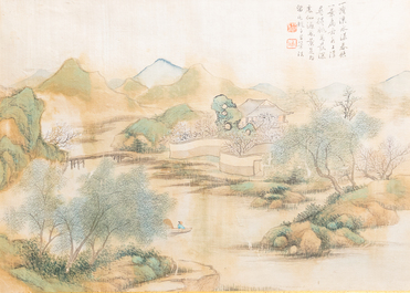 Chinese school, ink and colour on silk, 20th C.: 'Three landscape views'