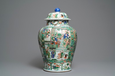 A pair of large Chinese famille verte vases and covers, Kangxi