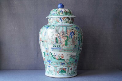 A pair of large Chinese famille verte vases and covers, Kangxi