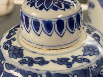 Een paar Chinese blauw-witte dekselvazen met floraal decor, Kangxi