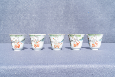 Five Chinese famille rose cups and saucers, Tongzhi mark and of the period