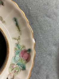 Two Chinese famille rose teapots and four covered bowls on stands, 19th C.