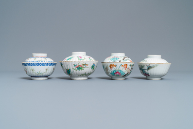 Two Chinese famille rose teapots and four covered bowls on stands, 19th C.