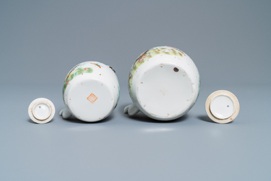 Two Chinese famille rose teapots and four covered bowls on stands, 19th C.