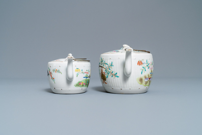 Two Chinese famille rose teapots and four covered bowls on stands, 19th C.