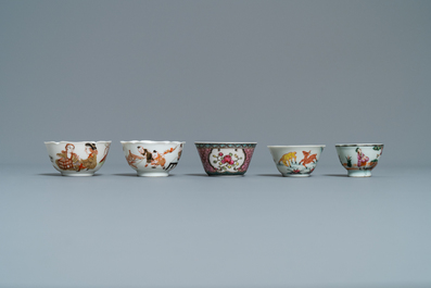 Six soucoupes et cinq tasses en porcelaine de Chine famille rose, Kangxi et apr&egrave;s