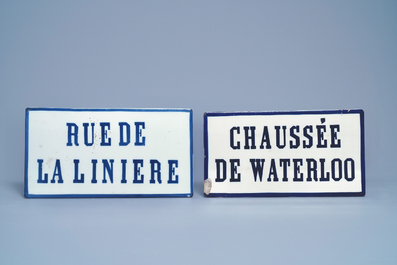 Six blue and white street name signs, Brussels porcelain, 19th C.