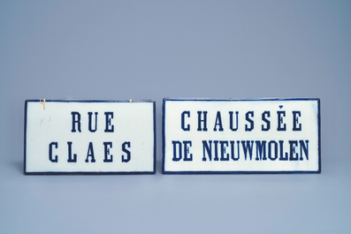 Six blue and white street name signs, Brussels porcelain, 19th C.