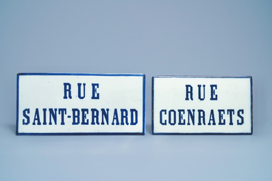 Five blue and white street name signs, Brussels porcelain, 19th C.