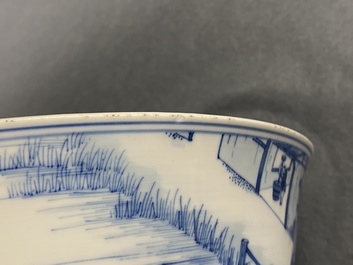 An imperial Chinese blue and white 'rice production' bowl, Kangxi mark and of the period