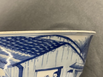 An imperial Chinese blue and white 'rice production' bowl, Kangxi mark and of the period