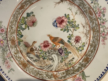 A pair of Chinese famille rose deep plates with pheasants, Yongzheng