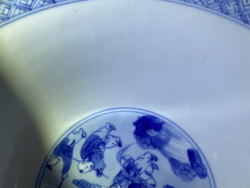 A Chinese blue and white klapmuts bowl with figures in a landscape, Kangxi mark and of the period