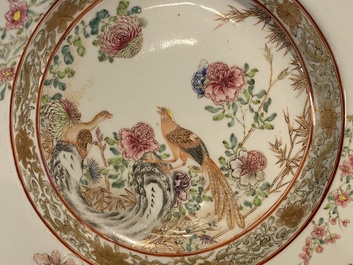 A pair of Chinese famille rose deep plates with pheasants, Yongzheng