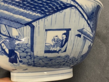 An imperial Chinese blue and white 'rice production' bowl, Kangxi mark and of the period