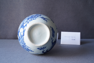 A rare Chinese blue and white bottle vase with a tiger and two butterflies, Transitional period