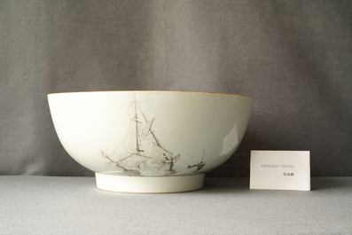 A large Chinese famille rose and grisaille bowl with the naval battle at Cartagena, Qianlong