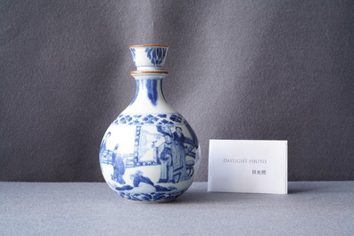 A Chinese blue and white huqqa base with a narrative design, Kangxi