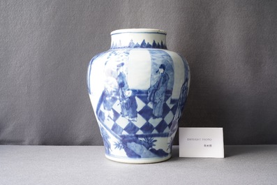 Een Chinese blauw-witte vaas met figuren in een interieur, Kangxi