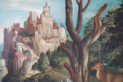 Flemish School after Albrecht D&uuml;rer, 16/17th C., oil on panel: The Vision of Saint Eustace or Saint Hubertus