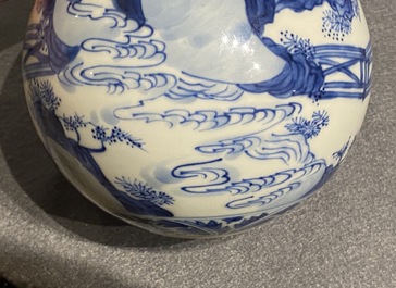 A Chinese blue and white huqqa base with a narrative design, Kangxi