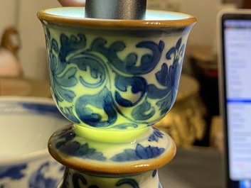 A Chinese blue and white 'squirrel and grapevine' huqqa base, Kangxi