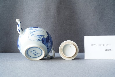 A Chinese blue and white 'landscape' teapot and cover, Kangxi