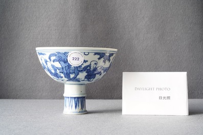 A Chinese blue and white 'playing boys' stem cup, Wanli