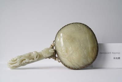 A large Chinese jade and silver hand mirror, Qing