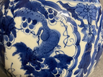 A Chinese blue and white 'squirrel and grapevine' huqqa base, Kangxi