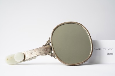 A large Chinese jade and silver hand mirror, Qing