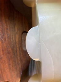 A fine Chinese white jade vessel on wooden stand, Kangxi