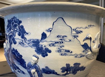 A rare large Chinese blue and white relief-moulded jardini&egrave;re, Kangxi