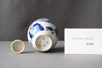 A Chinese blue and white covered tea caddy, Kangxi