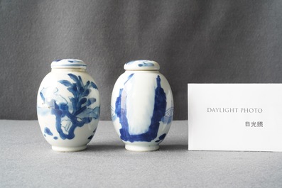 A pair of Chinese blue and white covered tea caddies, Kangxi